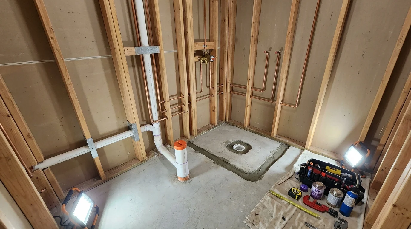 Bathroom rough-in plumbing during remodel by Johns Plumbing LLC in Wichita Falls