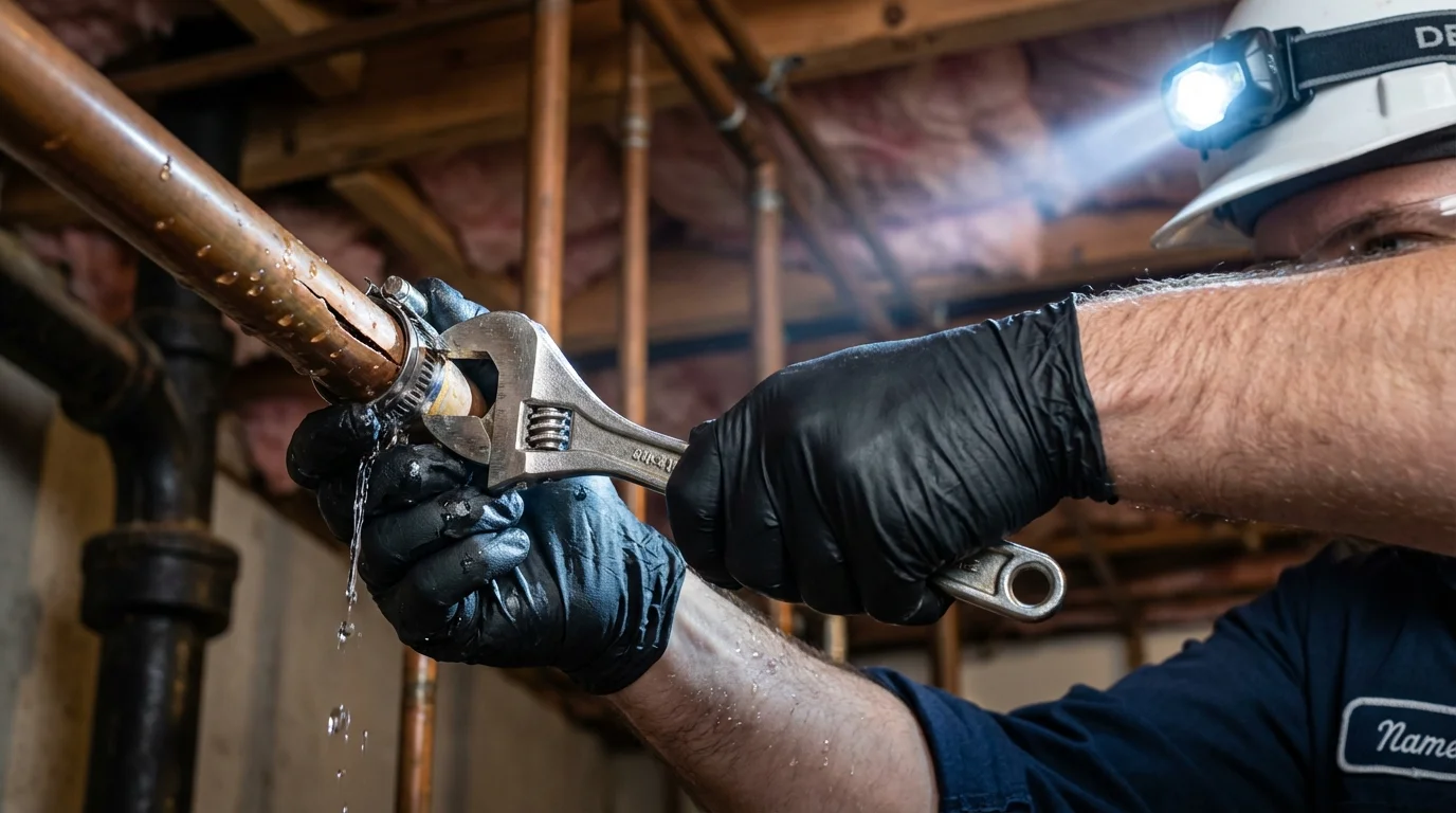 Emergency pipe clamp repair being performed by a Johns Plumbing LLC plumber in Wichita Falls