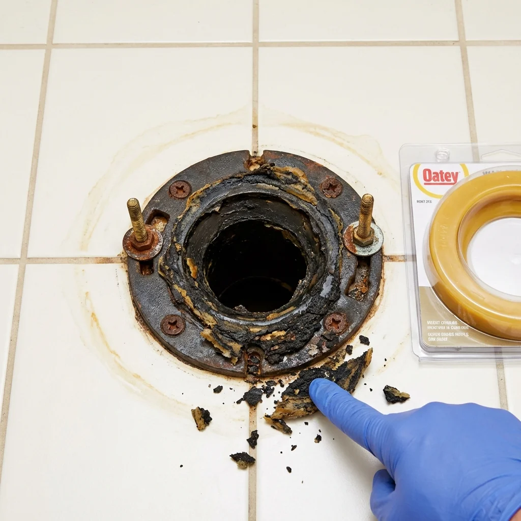 Failed wax ring showing water seepage at the base of a toilet in a Wichita Falls, TX home