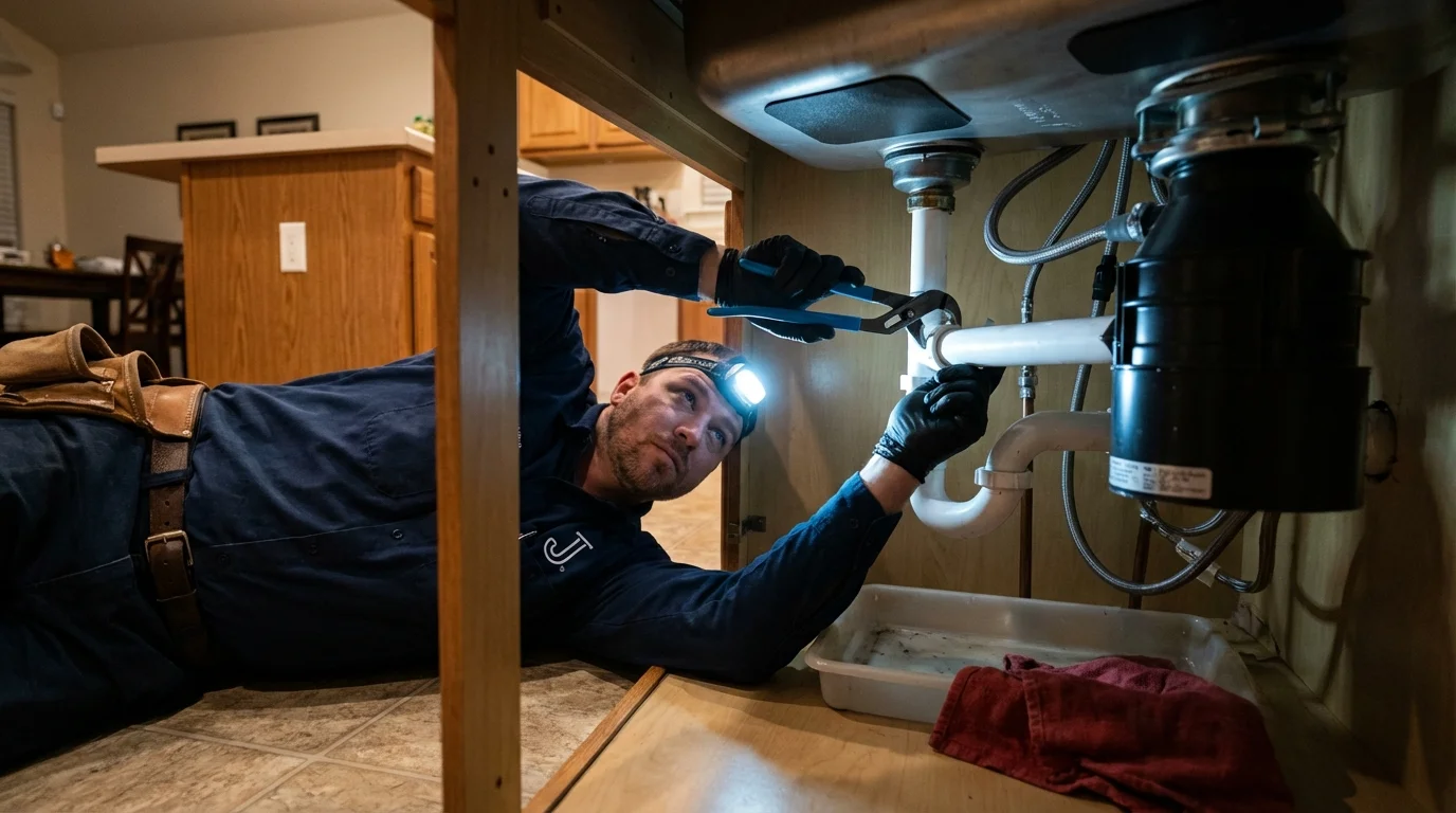 P-trap and supply line connections under a kitchen sink showing a common leak point in Wichita Falls, TX